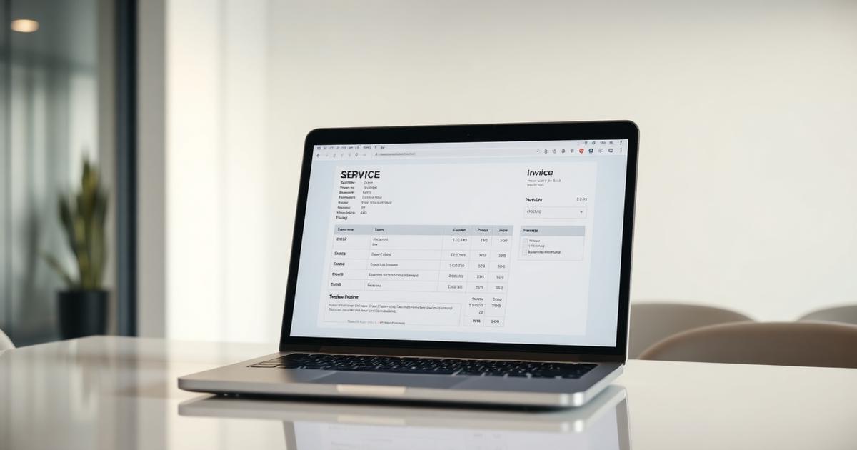 Notebook em ambiente empresarial exibindo a emissão de uma nota fiscal de serviço eletrônica nacional