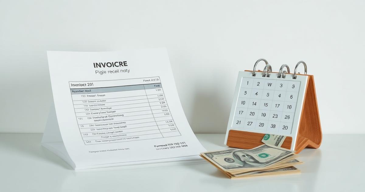 Nota fiscal emitida ao lado de calendário e moedas representando receita ainda não recebida