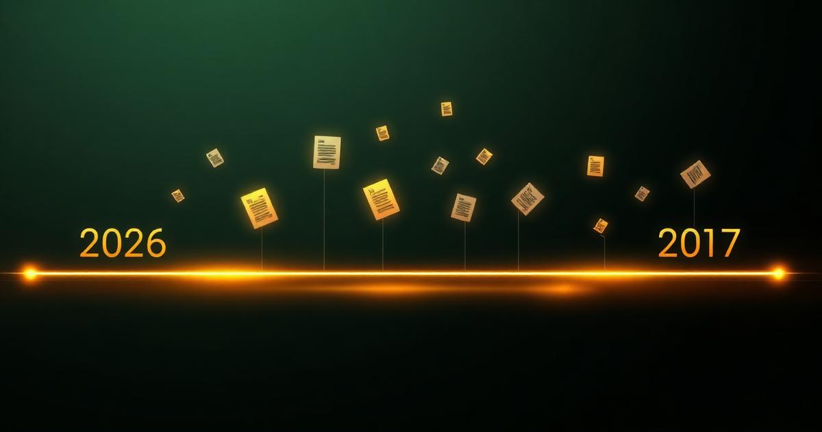 Linha do tempo visual de 2026 para 2027 com documentos fiscais e elementos digitais
